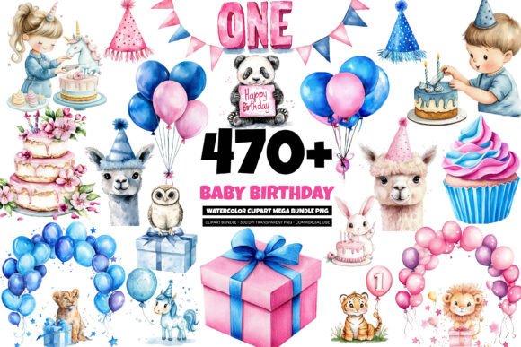 475 Baby Birthday Watercolor Clipart PNG