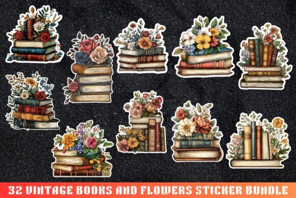 Vintage Books and Flowers Sticker Bundle