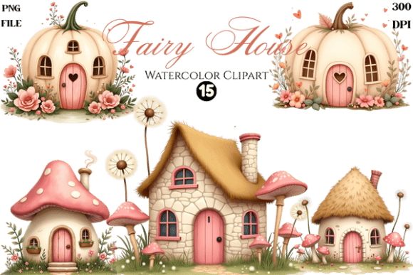 Watercolor Fairy House Cliparts Set PNG