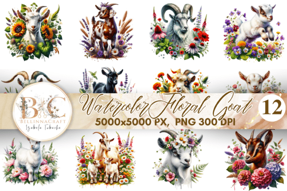 Watercolor Floral Goat Clipart Bundle
